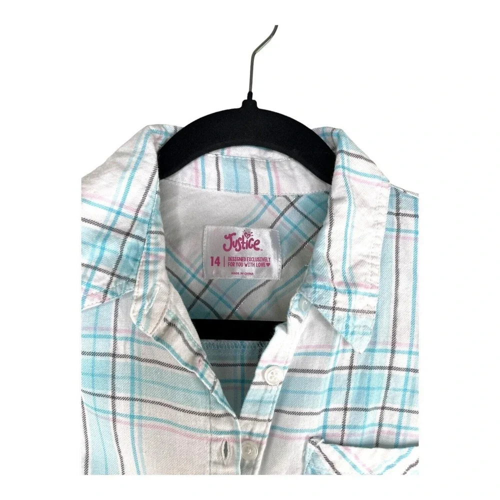 Justice Soft Plaid Girls Shirt Sz 14 Blue White Metallic Button Soft Comfy